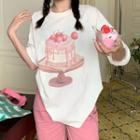 Short-sleeve Cake Print T-shirt Cake - Pink & White - One Size