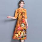 Traditional Chinese Elbow-sleeve Keyhole Front Printed Dress