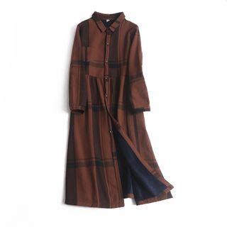 Long-sleeve Plaid Midi Shirtdress Coffee - One Size