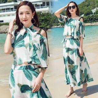 Set: Elbow-sleeve Leaf Print Top + A-line Midi Skirt