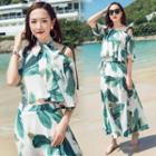 Set: Elbow-sleeve Leaf Print Top + A-line Midi Skirt