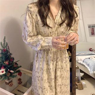 V-neck Floral Print Puff-sleeve Chiffon Dress