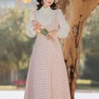 Long-sleeve Tweed Panel Midi A-line Dress