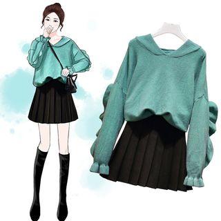 Ruffle Hooded Sweater / Min Pleated Skirt / Set