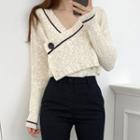 Contrast Trim Button-up Knit Crop Top Almond - One Size