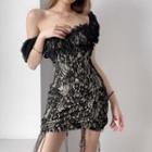 Short-sleeve Lace Drawstring Mini Sheath Dress