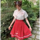 Set: Embroidered Short-sleeve Hanfu Top + Skirt As Shown In Figure - One Size