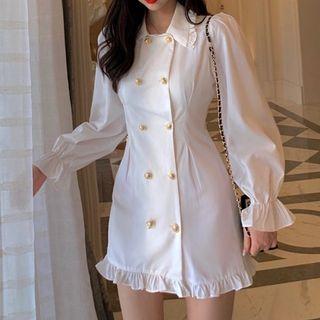 Ruffle Trim Double-breasted Long-sleeve Mini Collared Dress