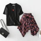 Set: Short-sleeve Heart Print T-shirt + Asymmetric Hem Plaid Mini Skirt