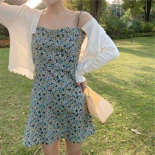 Plain Cardigan / Spaghetti Strap Floral Mini Sheath Dress