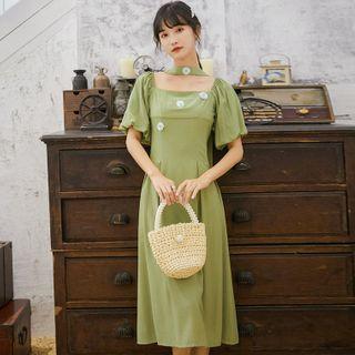 Puff-sleeve Floral Applique A-line Midi Dress