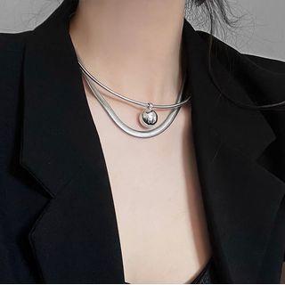 Bead Pendant Layered Stainless Steel Choker Silver - One Size