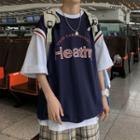 Mock Two Piece Round Neck Lettering Print Short Sleeve T-shirt