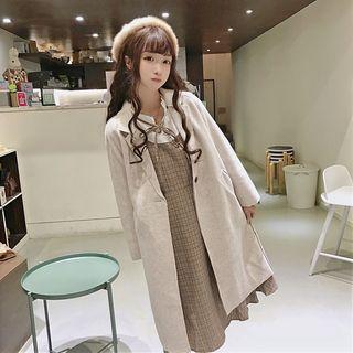 Notch-lapel Buttoned Coat / Mock Two-piece Long-sleeve Midi A-line Dress
