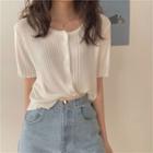 Short-sleeve Button-up Ribbed Knit Top