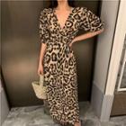 Elbow-sleeve Leopard Print Midi Dress Leopard - Coffee - One Size