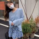 Long-sleeve Plain T-shirt + Floral Print Mini Skirt