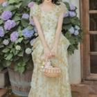 Off-shoulder Flower Print Ruffle Maxi A-line Dress