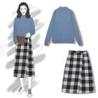 Mock-neck Sweater / Plaid Midi A-line Skirt