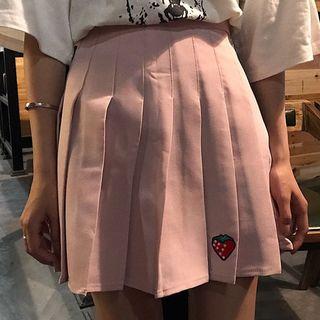 Strawberry Embroidered Pleated Skirt