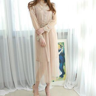 Petite Size - Set: Lace-taping Long Tulle Dress + Slipdress