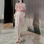 Short-sleeve Floral Overlay A-line Midi Dress