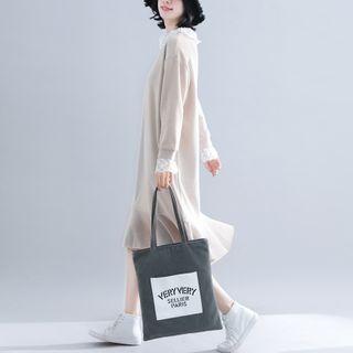 Long-sleeve Lace Panel Ruffle Hem Midi Dress Off-white - One Size