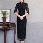 Elbow-sleeve Lace Midi Qipao Dress
