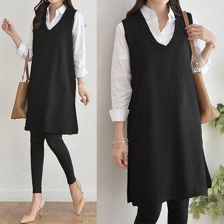 V-neck Slit-side Long Vest