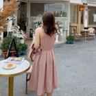 Set: Elbow-sleeve Double-breasted Blazer + Spaghetti Strap Midi A-line Dress