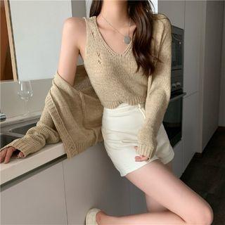 Set: Sleeveless Cropped Knit Top + Cropped Cardigan