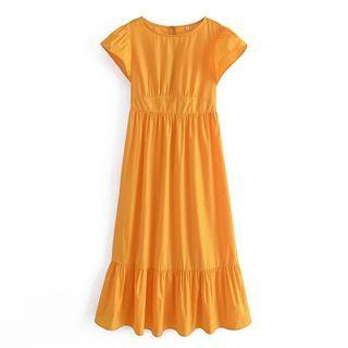 Plain Ruffle-trim Short-sleeve Maxi A-line Dress