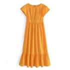 Plain Ruffle-trim Short-sleeve Maxi A-line Dress
