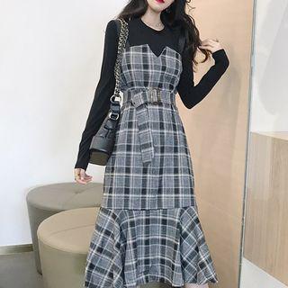 Spaghetti Strap Midi Plaid A-line Dress / Long-sleeve Top