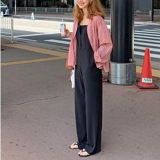 Long-sleeve Plaid Shirt / Spaghetti Strap Jumpsuit
