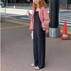 Long-sleeve Plaid Shirt / Spaghetti Strap Jumpsuit