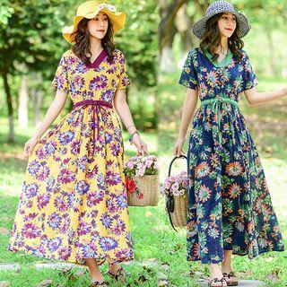 Patterned Short-sleeve Maxi A-line Dress