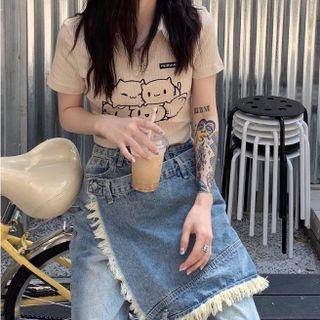 Short-sleeve Cat Print T-shirt / Fray Hem Mock Two-piece Wide Leg Jeans