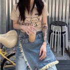Short-sleeve Cat Print T-shirt / Fray Hem Mock Two-piece Wide Leg Jeans