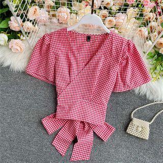 Bow-back V-neck Short-sleeve Cropped Check Blouse