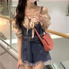 Off-shoulder Flower Print Blouse / Fringed Hem Denim Jumper Shorts