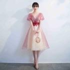 Short-sleeve Glitter Mesh Midi Prom Dress / Gown