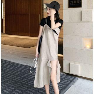 Plain Short-sleeve T-shirt / Asymmetric Midi Spaghetti Strap Dress