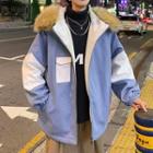 Color Block Faux-fur Hooded Zip Jacket