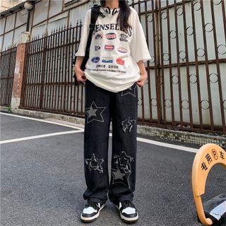 Distressed Star Print Wide Leg Jeans