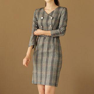 Long-sleeve Double Breasted Plaid Sheath Dress