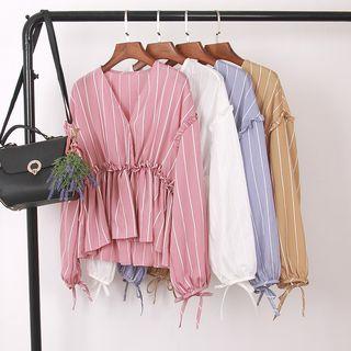 Long-sleeve Frill-trim Elastic Waist Top