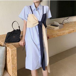 Mock Two Piece Striped Short Sleeve Midi Shirt Dress Stripes - Blue & White - One Size