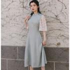 Lace Panel Chinese Style Elbow-sleeve A-line Dress