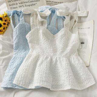 Embossed Ribbon-strap Cropped Peplum Top